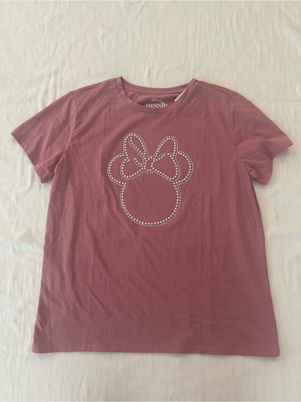 Disney Minnie Mouse Women’s Large Pink Rhinestone Bow Graphic T Shirt